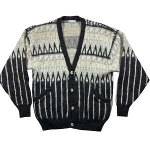 Vintage Alafoss Icewool Cardigan Large Cream/Black Printed Sweater Grandpa